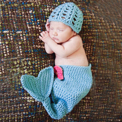 Cute Mermaid Design Handmade Crochet Baby Beanie Costume Photography Props UK-AJEW-R030-29-1