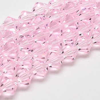 Imitation Austrian Crystal 5301 Bicone Beads, Faceted Glass Beads Strands, Pink, 4x4mm, Hole: 1mm, about 92~96pcs/strand, 13.78~14.37 inch