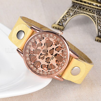 Women's Leather Rose Gold Tone Alloy Rhinestone Wrist Watches UK-WACH-O005-04B-K-1