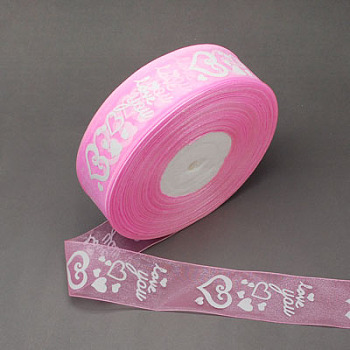 Organza Ribbon, Nice for Valentine's Day, Wedding, Party Decoration, Heart Pattern, Pearl Pink, 1-1/2 inch(39mm)