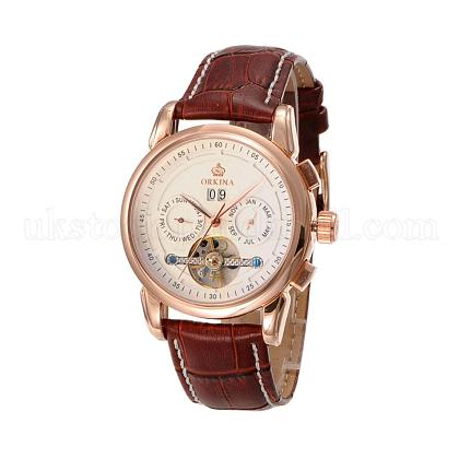 Men's Stainless Steel Leather Mechanical Wrist Watches UK-WACH-N032-05-1