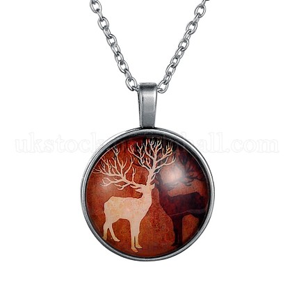 Lovely Christmas Reindeer/Stag Alloy Glass  Printed Pendant Necklaces UK-NJEW-F094-04AB-K-1