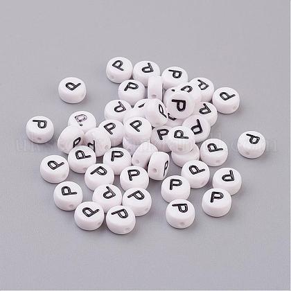 Flat Round with Letter P Acrylic Beads UK-X-PL37C9070-P-1