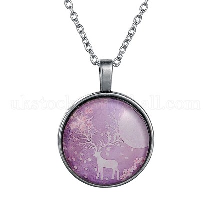 Charming Christmas Reindeer/Stag Alloy Glass  Printed Pendant Necklaces UK-NJEW-F094-03AB-K-1