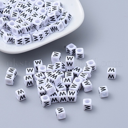 Letter W White Letter Acrylic Cube Beads UK-X-PL37C9308-W-1