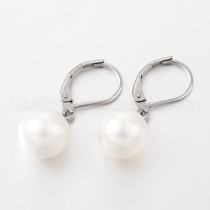Round Shell Pearl Leverback Dangle Earrings UK-EJEW-JE01798-1