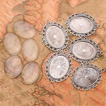 40x30mm Oval Clear Glass Cabochon Cover and Antique Silver Tibetan Style Pendant Cabochon Settings for DIY UK-DIY-X0152-AS-RS-1