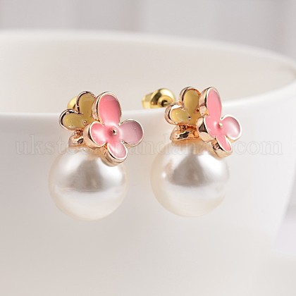 Golden Plated Enamel Flower Alloy Acrylic Pearl Ball Stud Earrings UK-EJEW-E164-04A-K-1