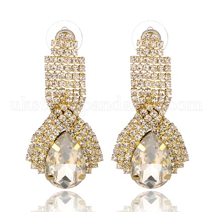 Golden Plated Brass Rhinestone Stud Earrings UK-EJEW-JL009-03-K-1
