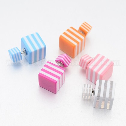 Chic Girl's Striped Resin Double Sided Cube Ear Studs UK-EJEW-X0005-1
