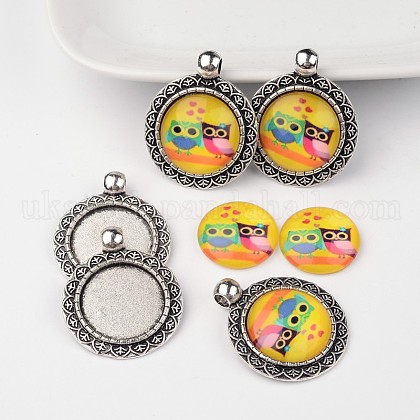 Antique Silver Alloy Pendant Cabochon Bezel Settings and Owl Printed Glass Cabochons UK-TIBEP-X0180-B11-1