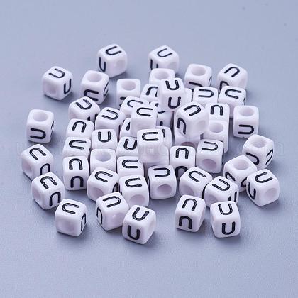 Letter U White Letter Acrylic Cube Beads UK-X-PL37C9308-U-1